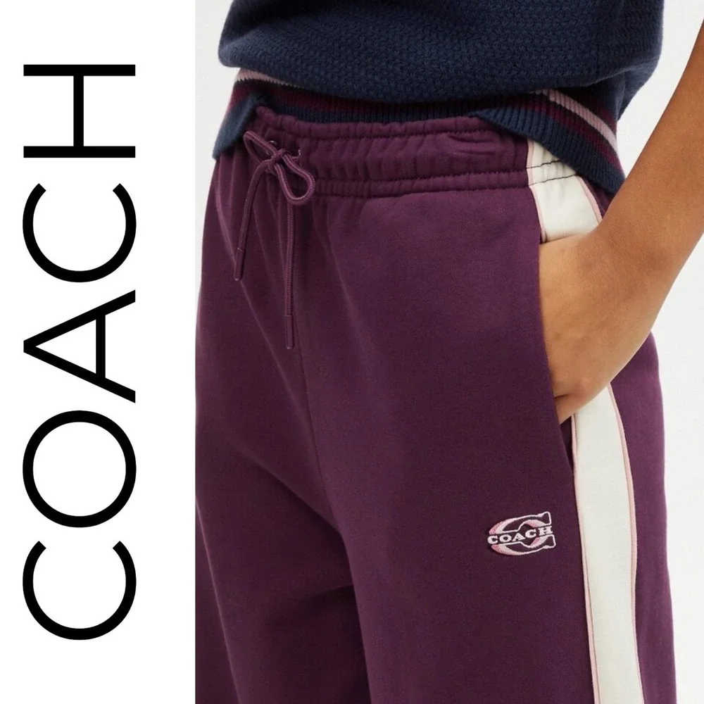 Coach NWT Sporty Wide Leg Cotton Track Pants Beet Purple Terrycloth Logo Women M
